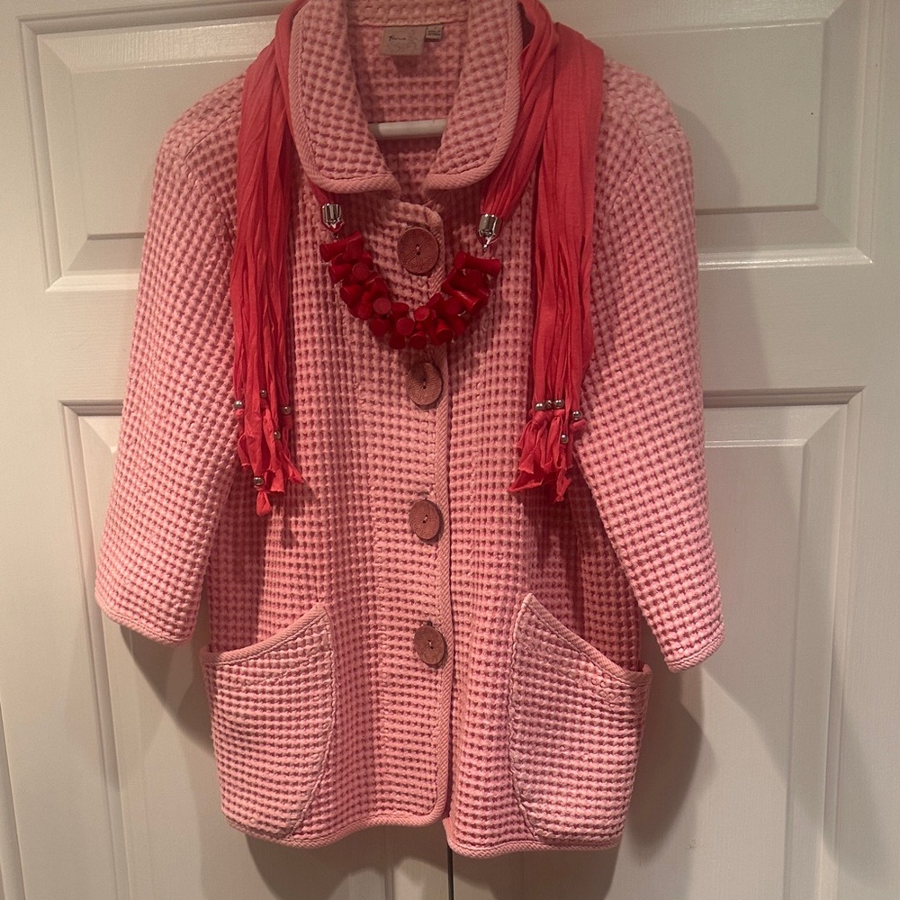Pink Waffle Knit Coat with Pockets